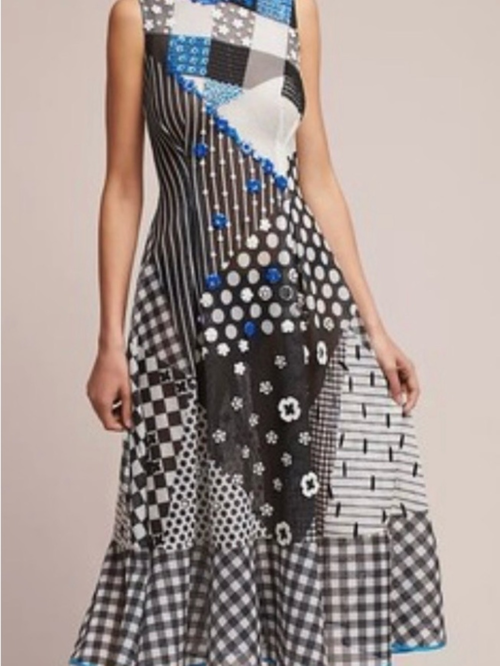 Anthropologie Black, White & Blue Patchwork Maxi Dress